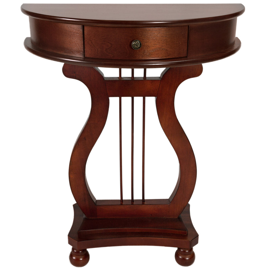 All Things Cedar Classic Accents LY04 Half Moon Harp Table - Elegant Cherry Finish, Solid Wood Legs, Drawer Storage (25x13x30)