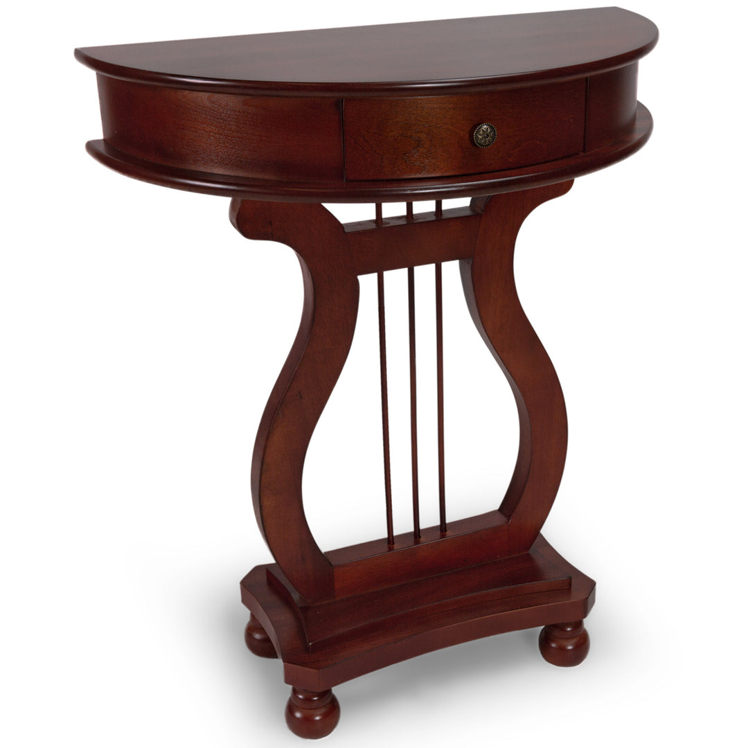 All Things Cedar Classic Accents LY04 Half Moon Harp Table - Elegant Cherry Finish, Solid Wood Legs, Drawer Storage (25x13x30)