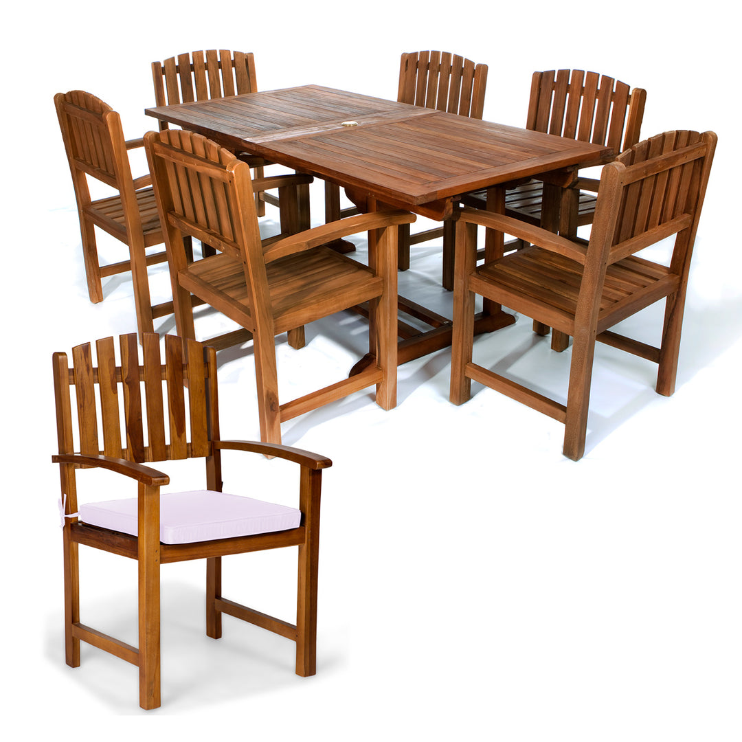 7-Piece Twin Butterfly Leaf Teak Extension Table Dining Chair Set with Royal White Cushions TE90-20-RW