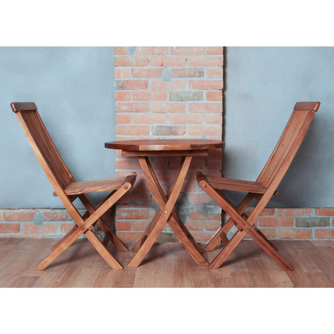 All Things Cedar TS26-Set 3-Piece Teak Bistro Table Folding Chair Set - Outdoor Bistro Set of Foldable Table and Chairs - Indonesian Teak Patio Furniture Set with Brass Hardware (26x26x29)