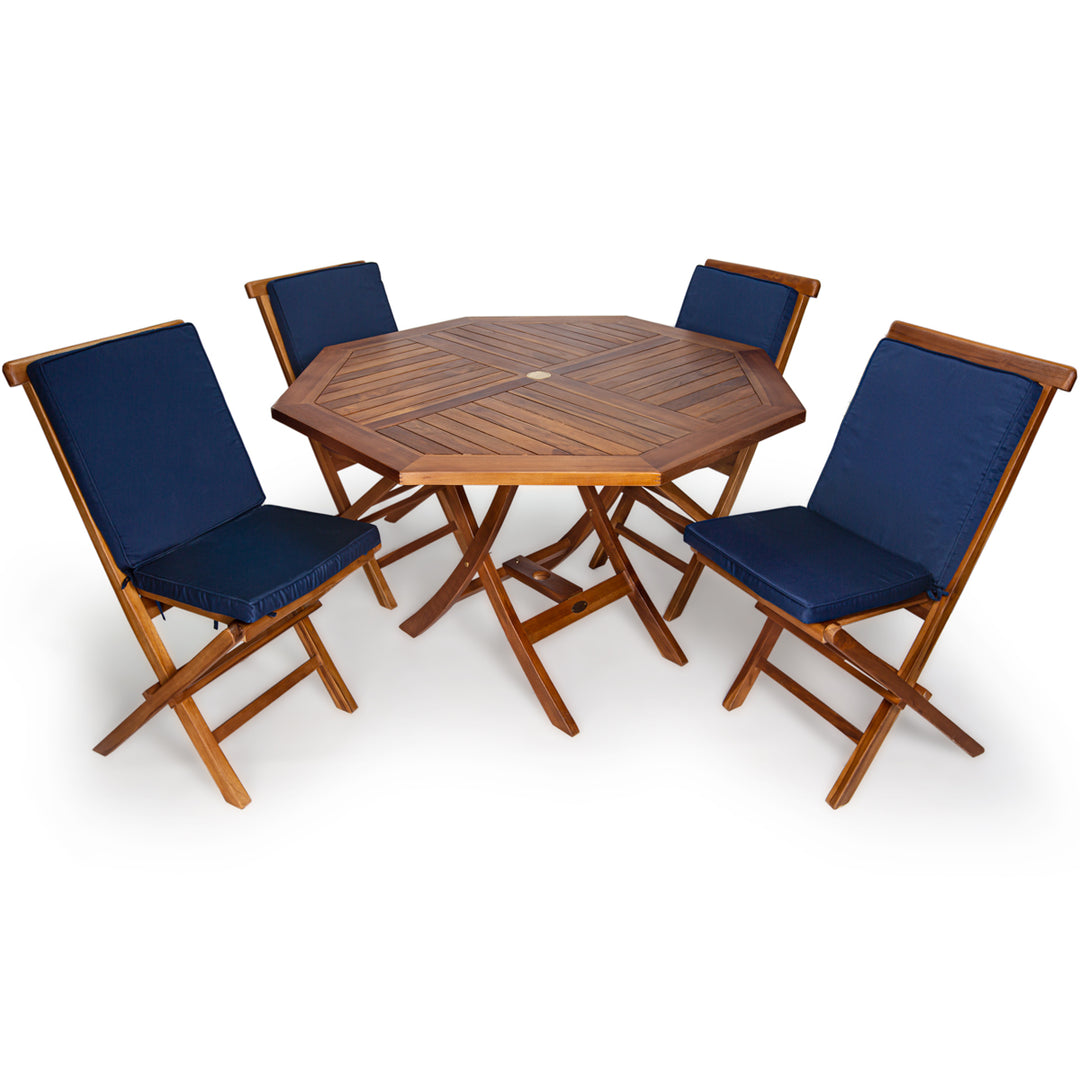 5-Piece 4-ft Teak Octagon Folding Table Set with Blue Cushions TT5P-O-B