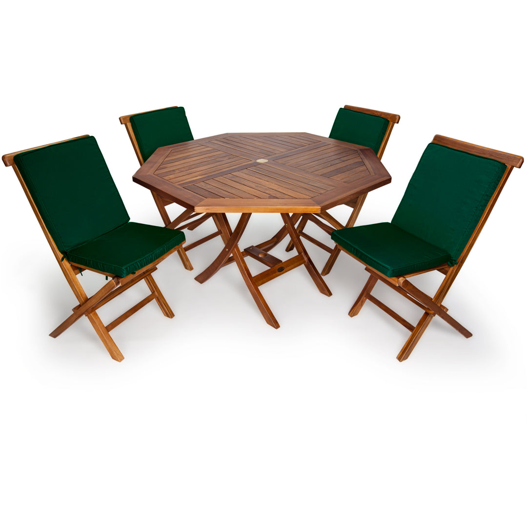 5-Piece 4-ft Teak Octagon Folding Table Set with Green Cushions TT5P-O-G