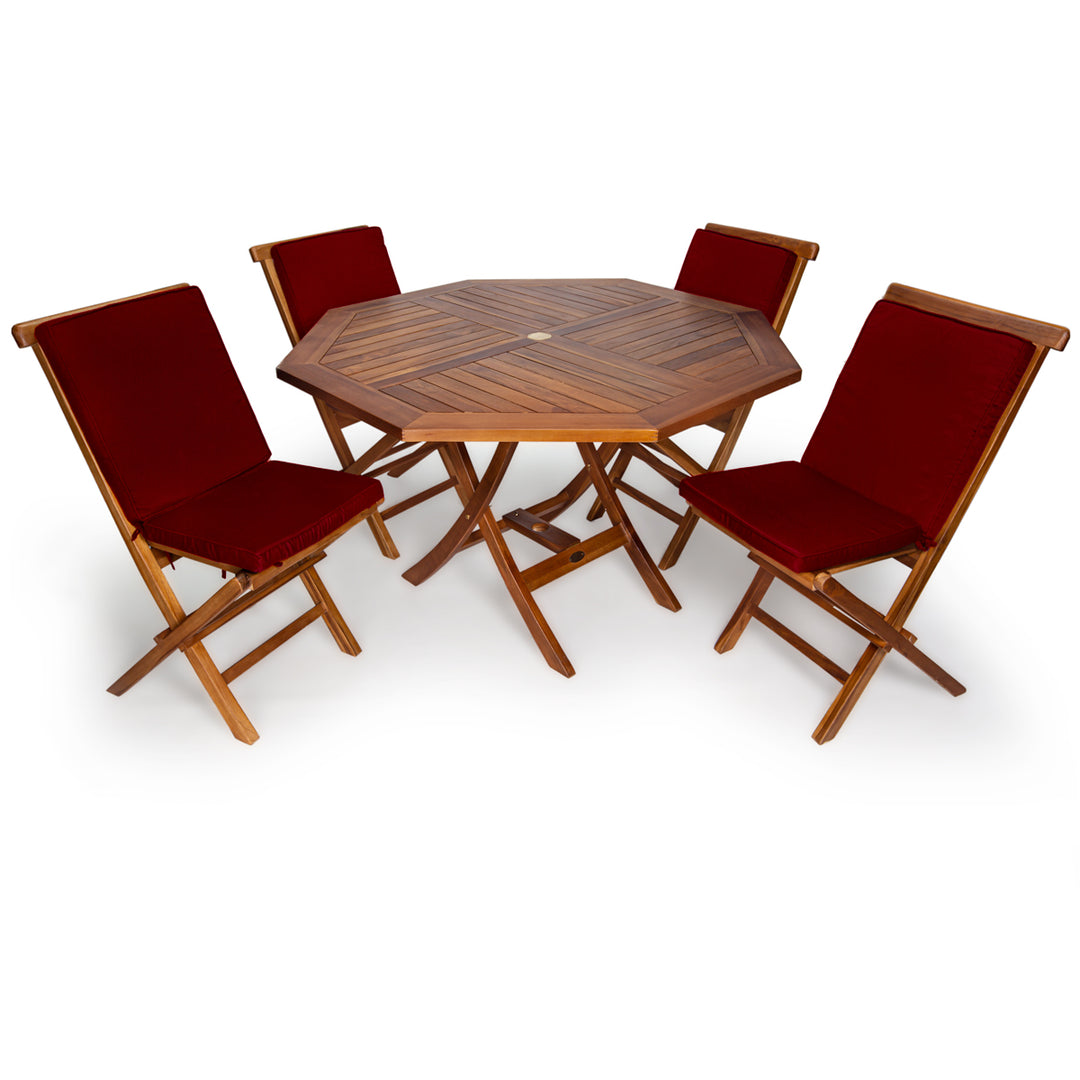 5-Piece 4-ft Teak Octagon Folding Table Set with Red Cushions TT5P-O-R