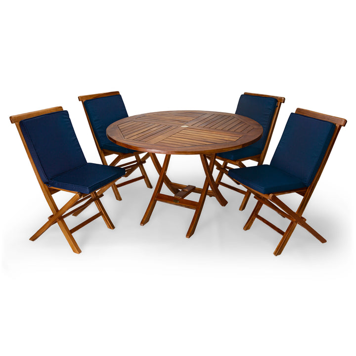5-Piece 4-ft Teak Round Folding Table Set with Blue Cushions TT5P-R-B