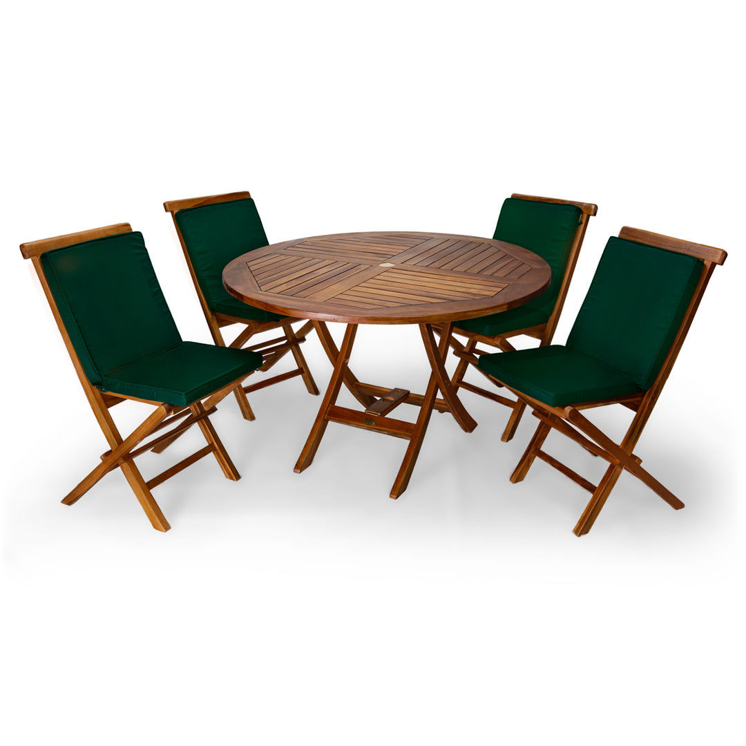 5-Piece 4-ft Teak Round Folding Table Set with Green Cushions TT5P-R-G