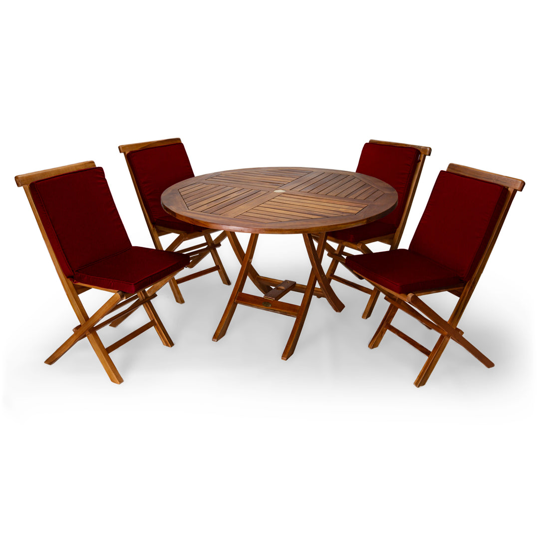 5-Piece 4-ft Teak Round Folding Table Set with Red Cushions TT5P-R-R