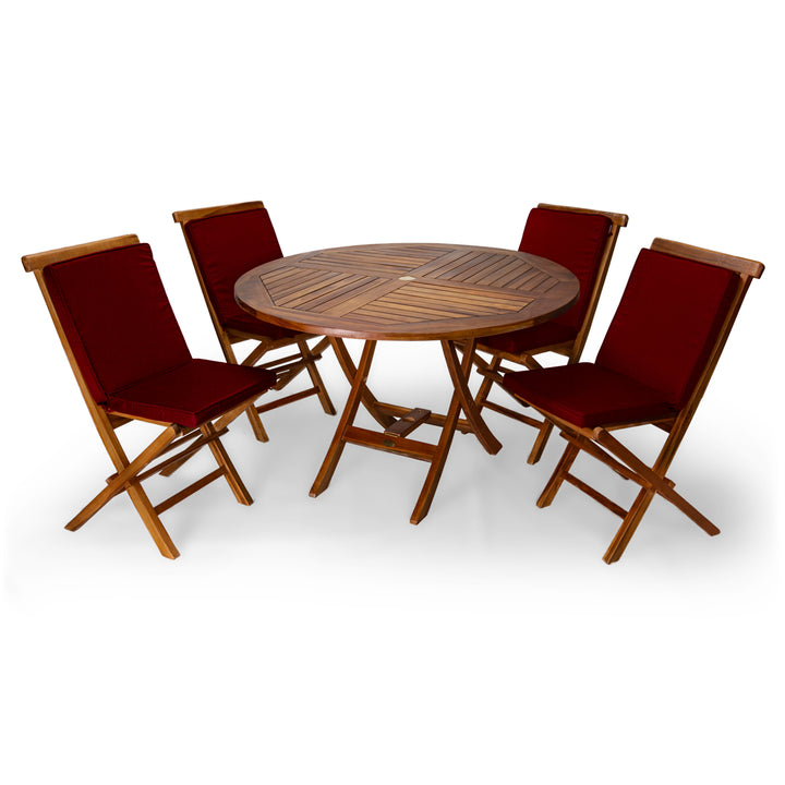 5-Piece 4-ft Teak Round Folding Table Set with Red Cushions TT5P-R-R