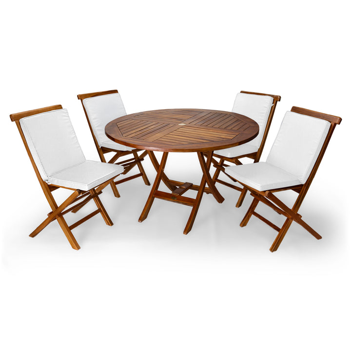 5-Piece 4-ft Teak Round Folding Table Set with White Cushions TT5P-R-W