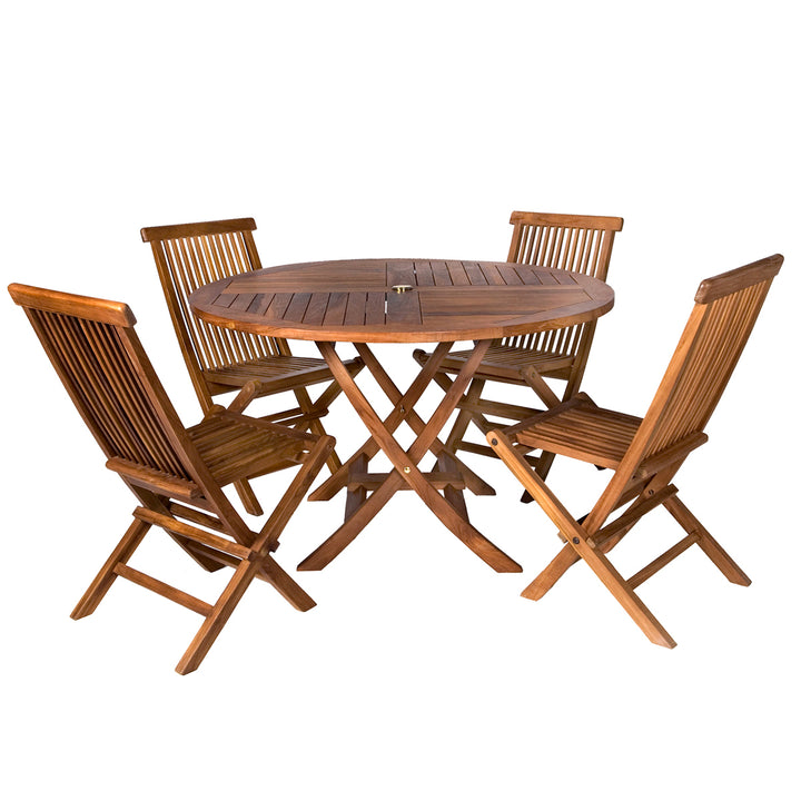 5-Piece 4-ft Teak Round Folding Table Set Folding Chair Set TT5P-R