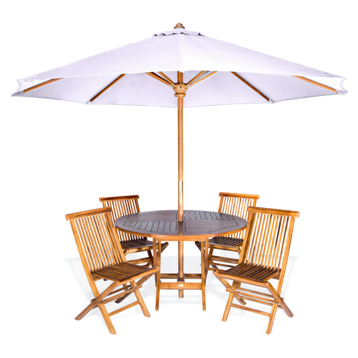 6-Piece 4-ft Teak Round Folding Table Set with Royal White Umbrella TT6P-R-RW