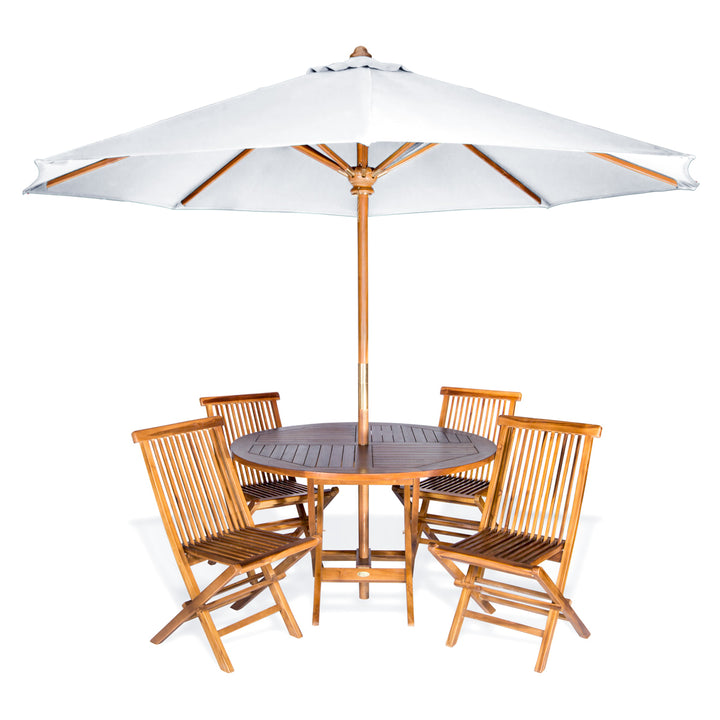 6-Piece 4-ft Teak Round Folding Table Set with White Umbrella TT6P-R-W