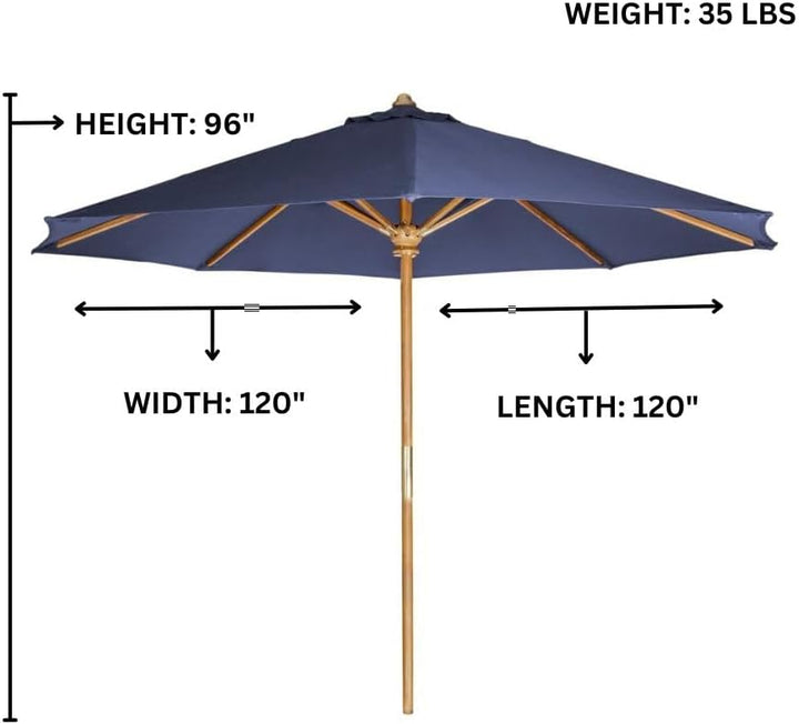 Blue patio umbrella with wooden pole, showing dimensions of 120 inches width and length, and 96 inches height
