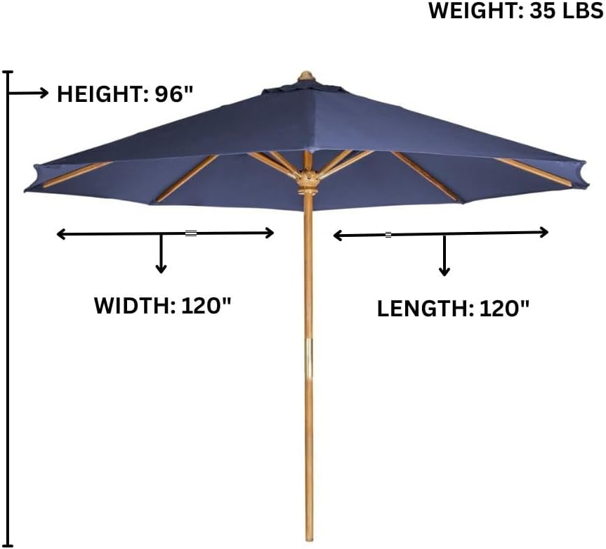 Blue patio umbrella with wooden pole, showing dimensions of 120 inches width and length, and 96 inches height