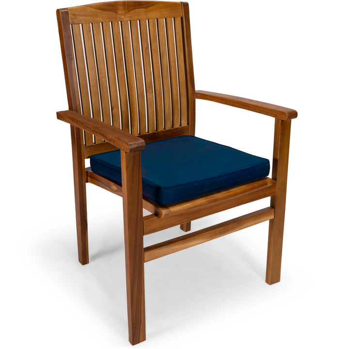 teak wooden chairs set blue cushion