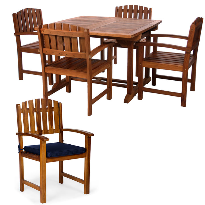 teak butterfly extension table dining chair set blue cushions