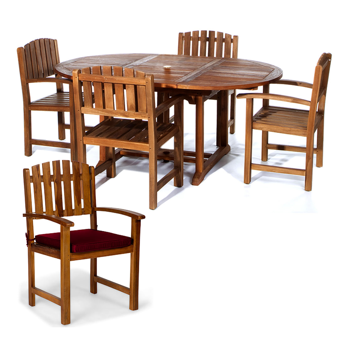 5-Piece Teak Oval Extension Patio - Table and Folding Dining Chairs Set - Red Cushions