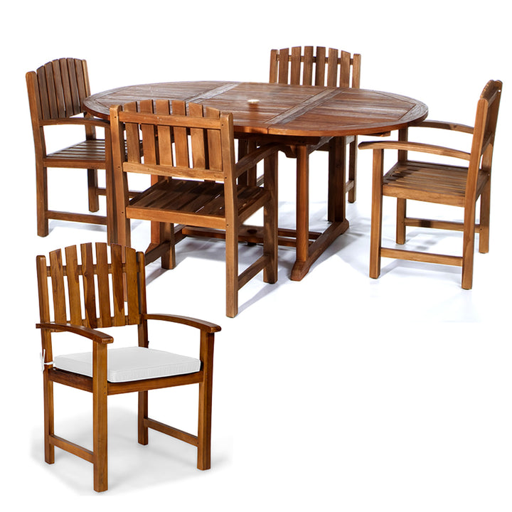 5-Piece Teak Oval Extension Patio - Table and Folding Dining Chairs Set - White Cushions