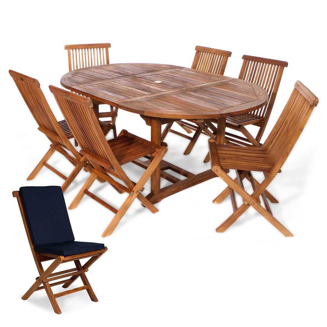 7-Piece Teak Oval Extension Patio Table and Folding Dining Chairs Set - Blue Cushions