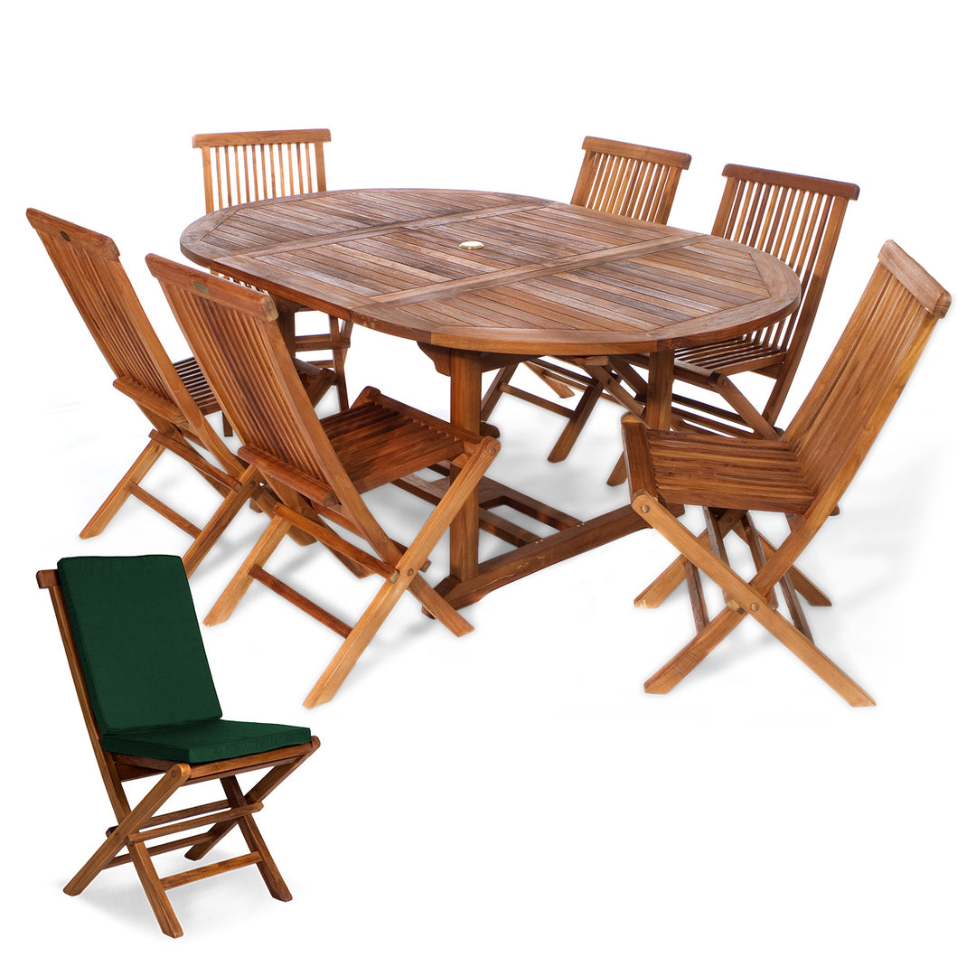 7-Piece Teak Oval Extension Patio Table and Folding Dining Chairs Set - Green Cushions