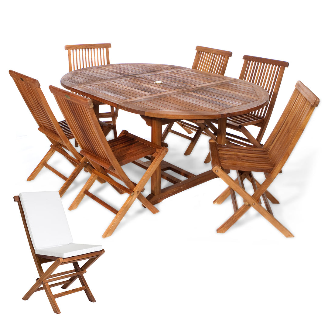 7-Piece Teak Oval Extension Patio Table and Folding Chairs Dining Set - White Cushions