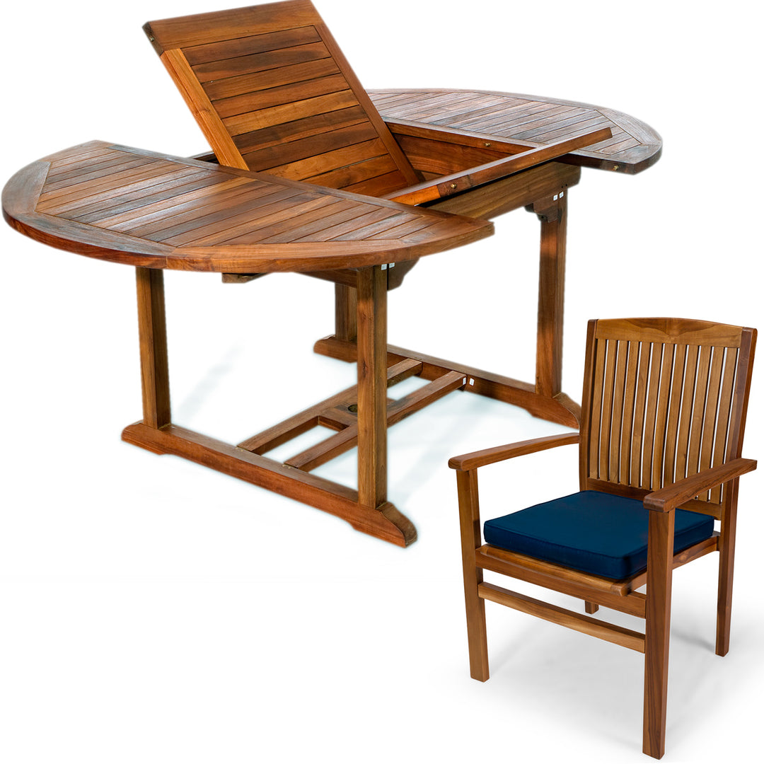 teak oval extension table folding arm chair set blue cushion