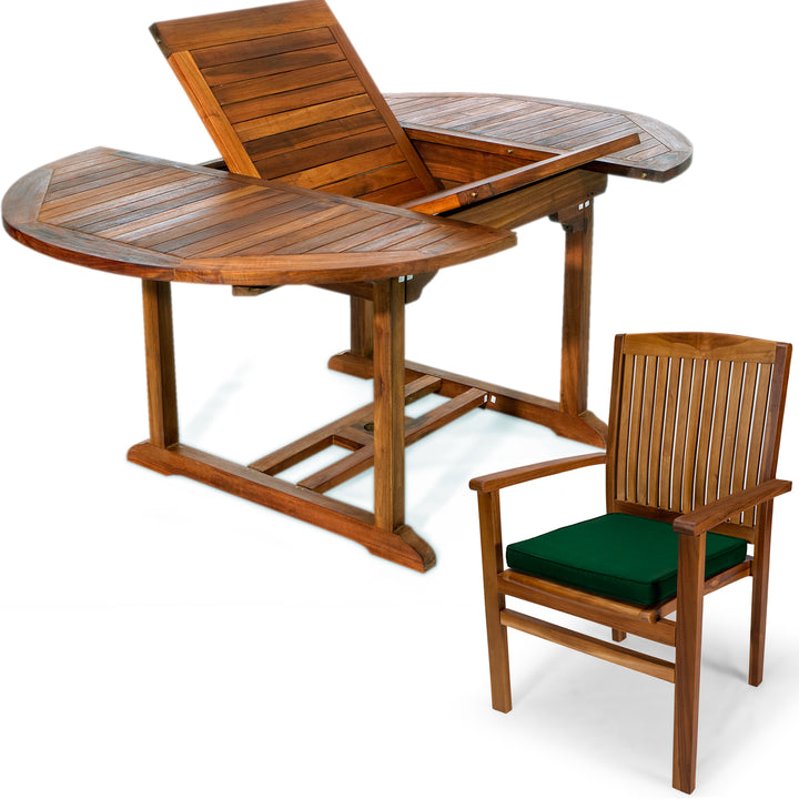 teak oval extension table folding arm chair set green cushion