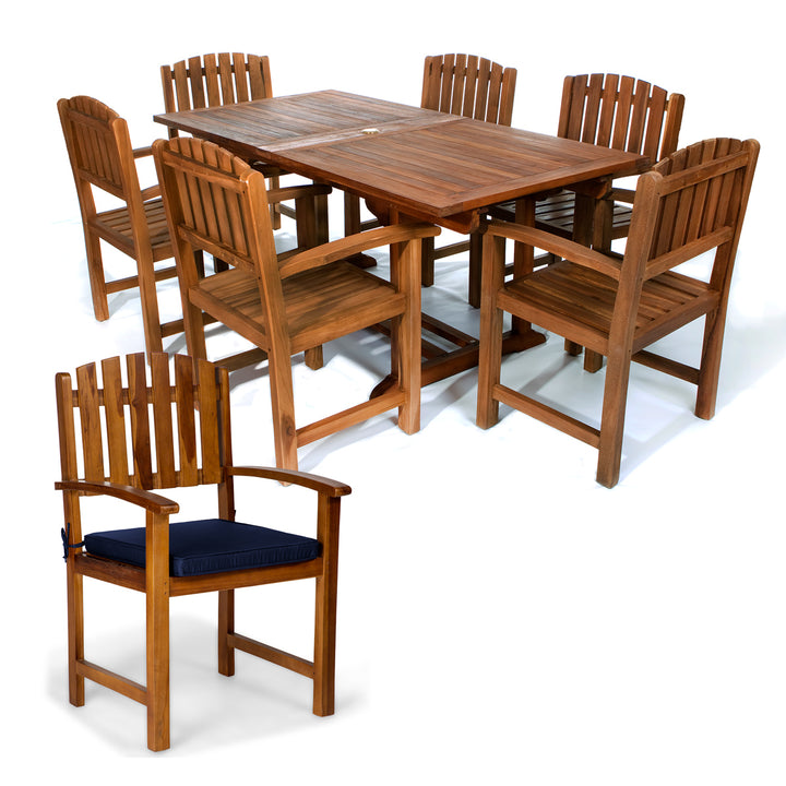 7-Piece Teak Extension Patio Table and Wooden Chairs Dining Set - Blue Cushions