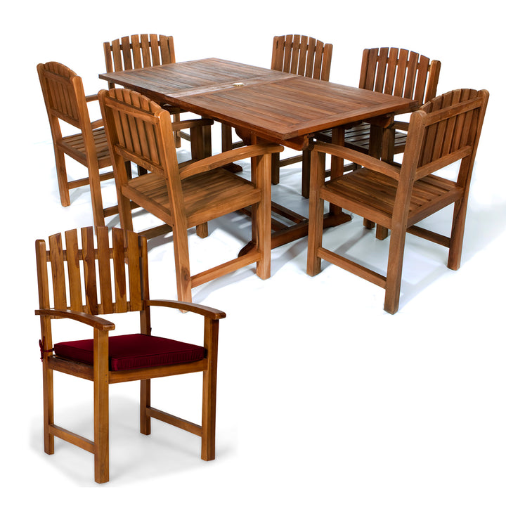 7-Piece Teak Extension Patio Table and Wooden Chairs Dining Set - Red Cushions