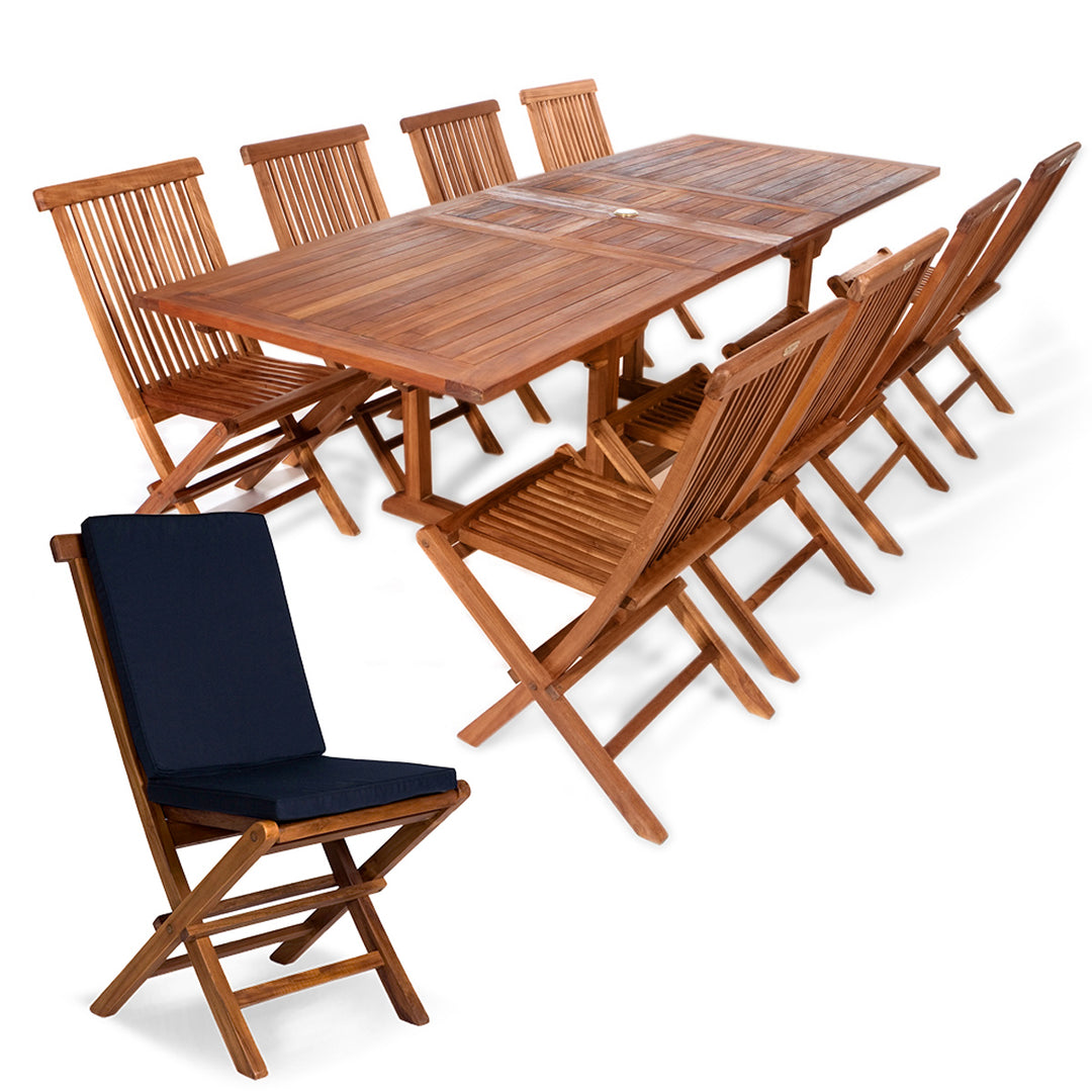 9-Piece Teak Extension Patio Table and Folding Dining Chairs Set - Blue Cushions