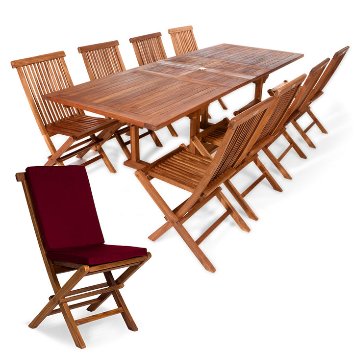 9-Piece Teak Extension Patio Table and Folding Dining Chairs Set - Red Cushions