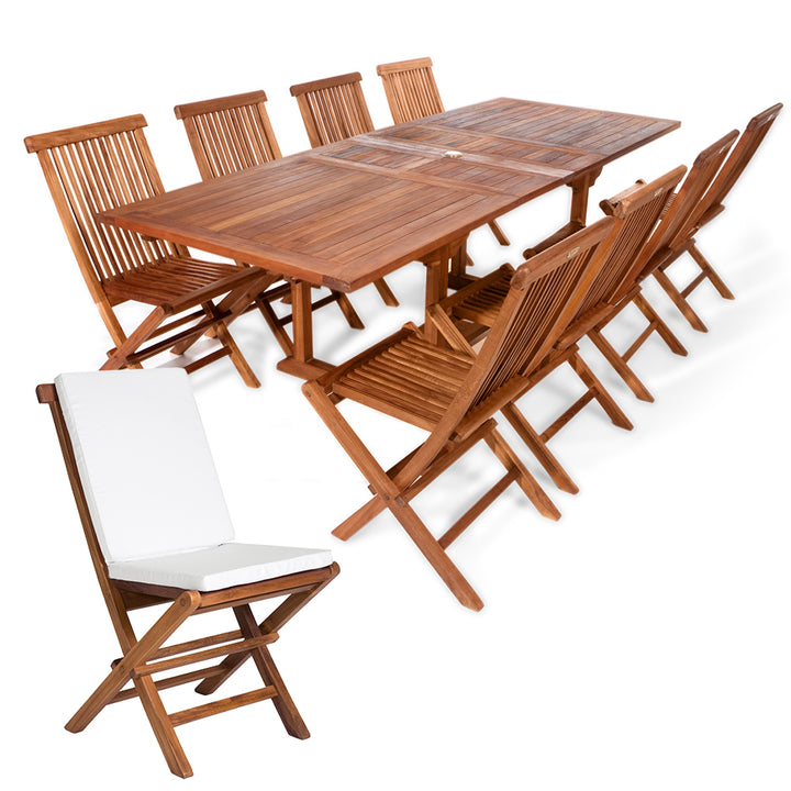 9-Piece Teak Extension Patio Table and Folding Dining Chairs Set - White Cushions