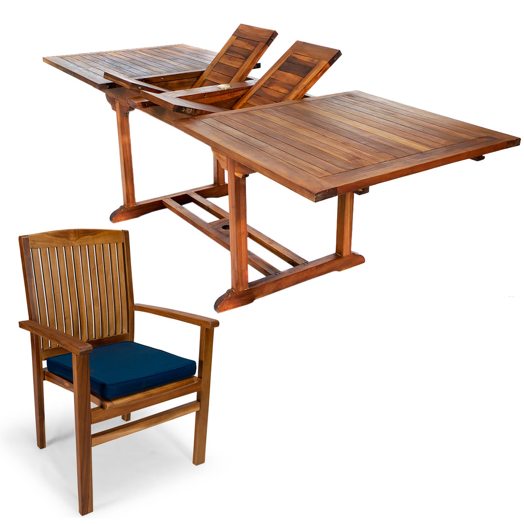 butterfly leaf teak extension expandable table folding chairs blue cushions