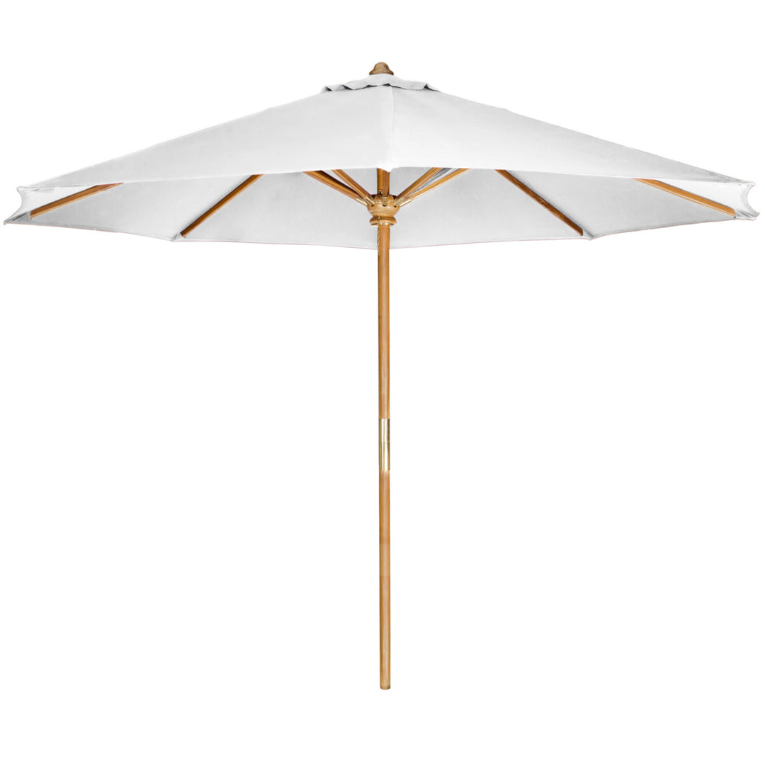 White outdoor market umbrella with natural wooden pole viewed from the side