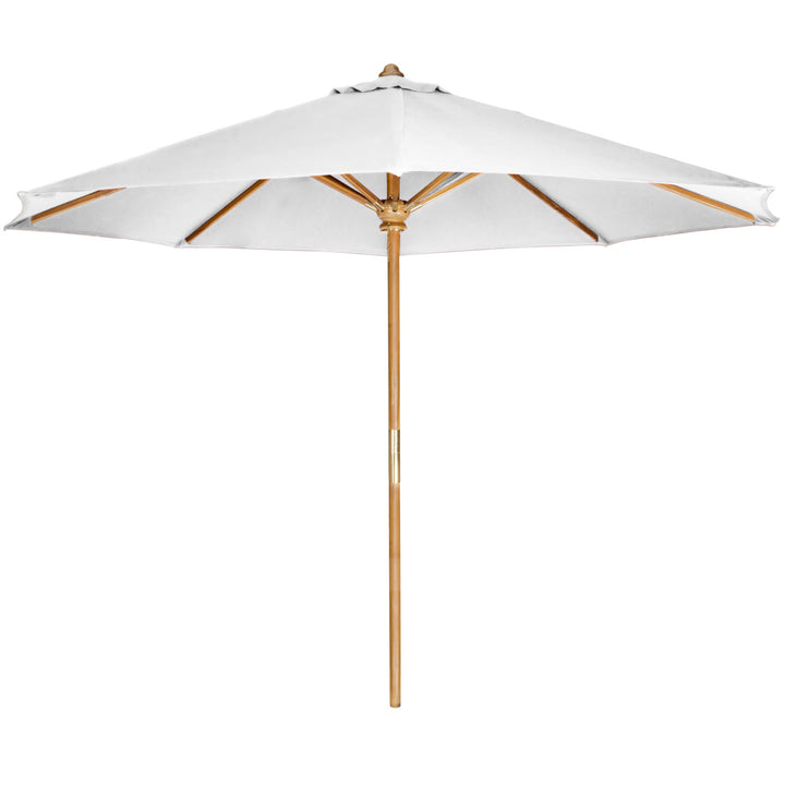 White outdoor market umbrella with natural wooden pole viewed from the side